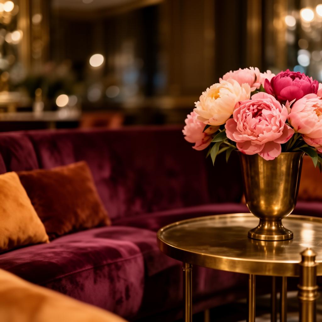 Lounge feutré — velours, laiton, pivoines